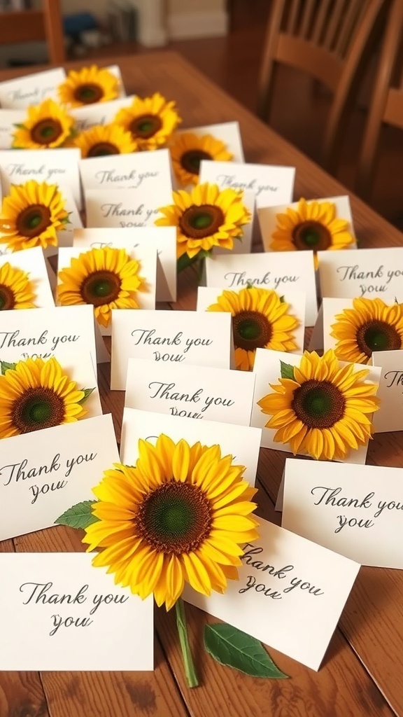 Sunflower themed thank you cards arranged on a table.