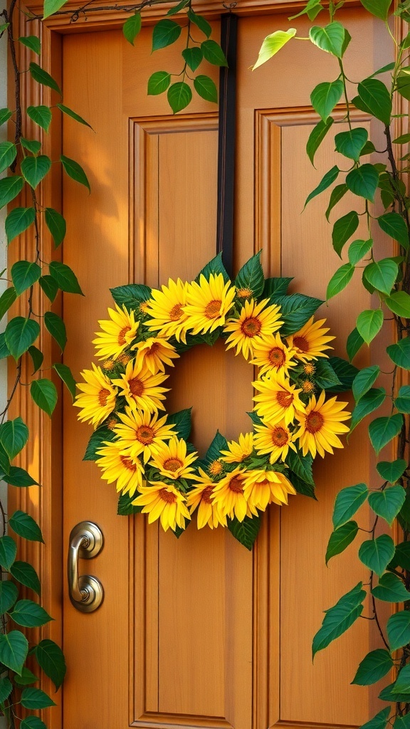 A sunflower wreath hanging on a wooden door