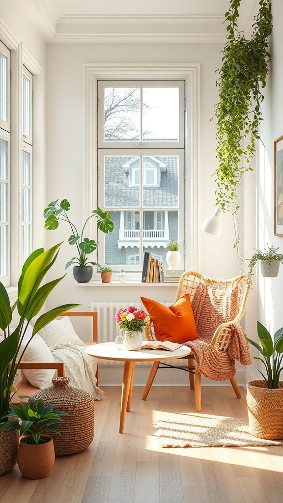 A cozy reading corner with sunlight streaming through large windows, featuring a comfortable chair, potted plants, and a small table with a bouquet.