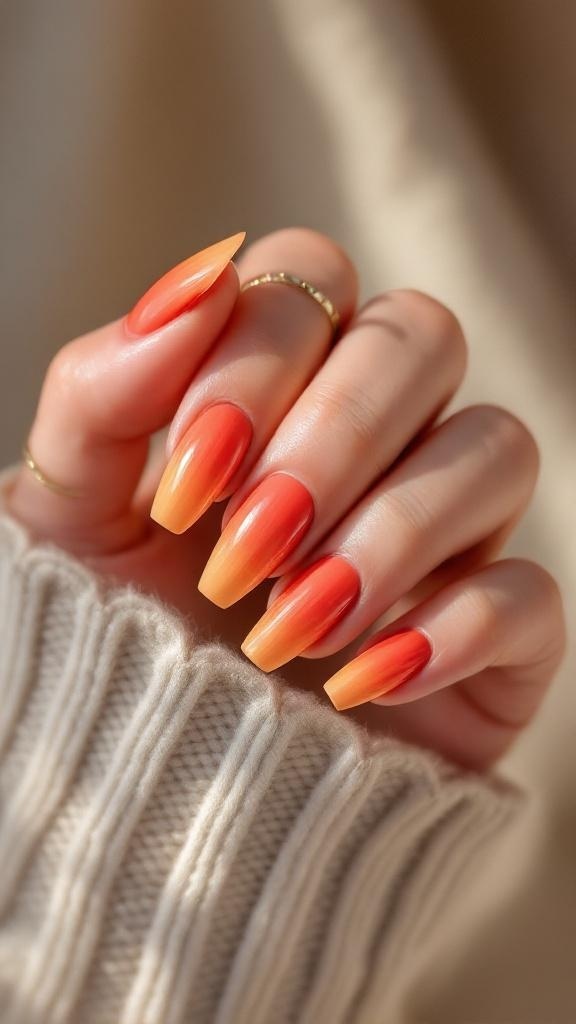 A hand showing off sunkissed red gradient nails with a warm color transition from red to orange, set against a cozy knit background.