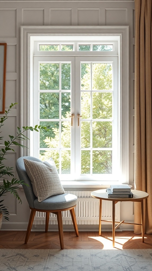 A cozy window seat with a soft chair and a small table, bathed in sunlight.