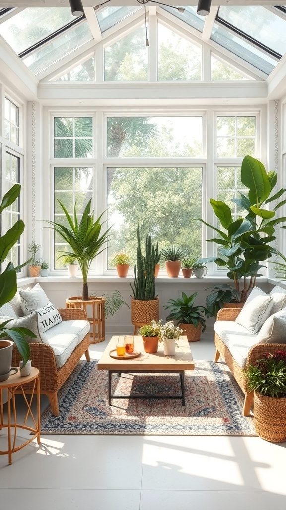 A bright sunroom featuring cozy seating, plants, and a wooden coffee table.