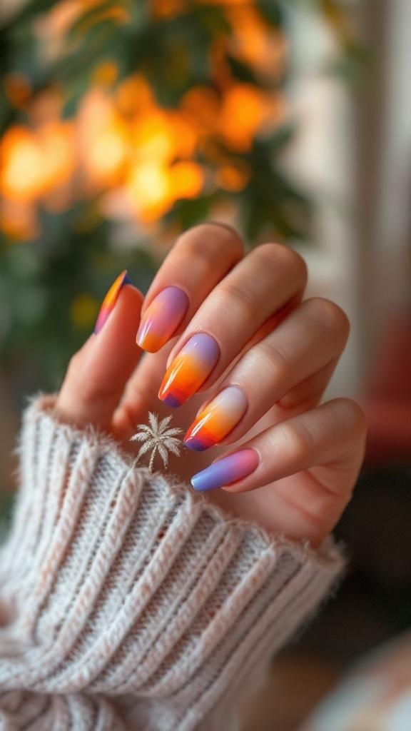 A hand with sunset-inspired nail art featuring a gradient of orange, pink, and purple colors, resting on a cozy sweater.