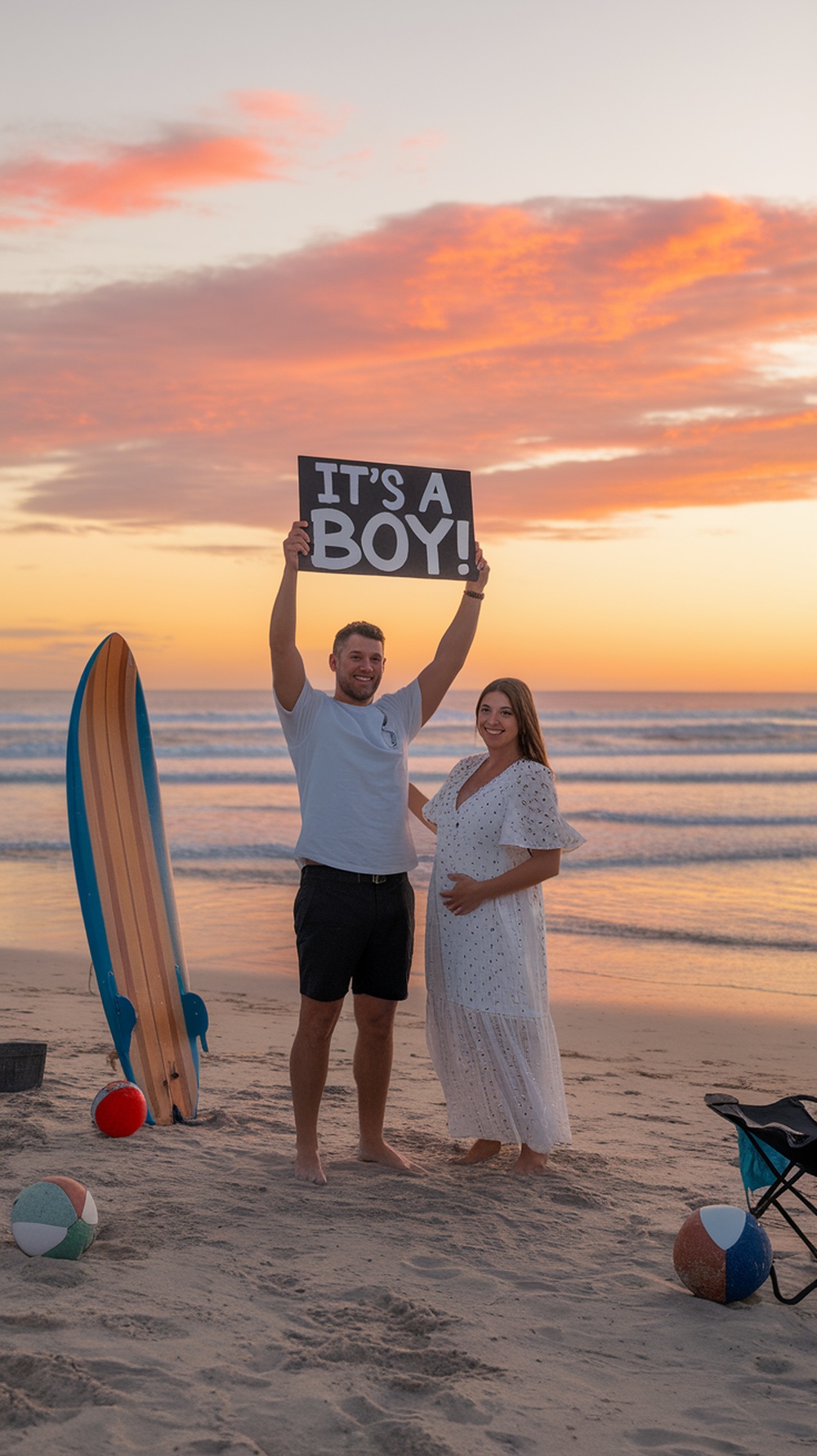 Couple celebrating a beach gender reveal at sunset with a sign that says 'It's a boy!'