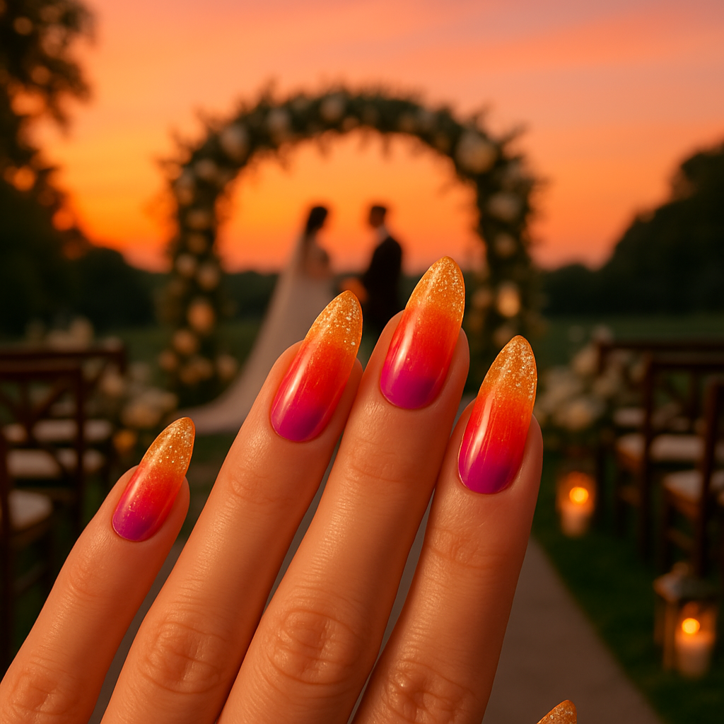Nails with sunset gradient design featuring sparkling tips, set against a wedding backdrop.