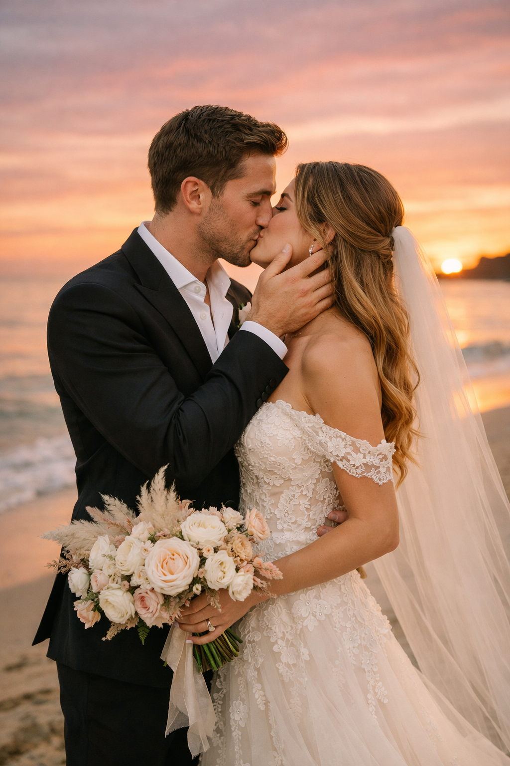 A couple sharing a kiss during sunset on the beach, with a colorful sky and ocean waves in the background.