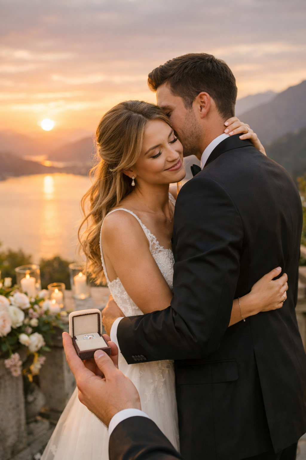 A couple embracing at sunset during a proposal, with a ring visible in front of them.
