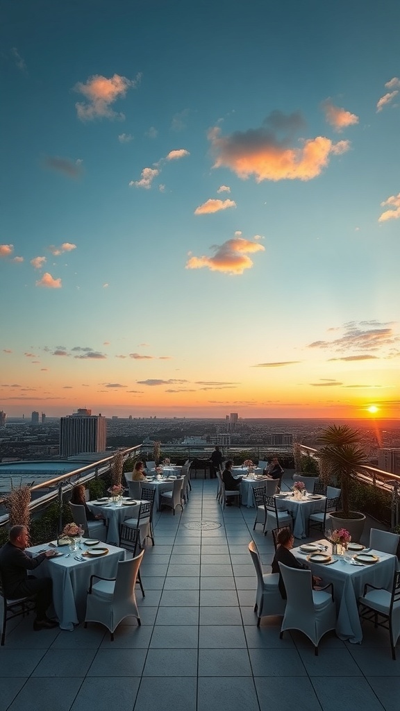 Rooftop bridal shower with tables set for guests overlooking a sunset