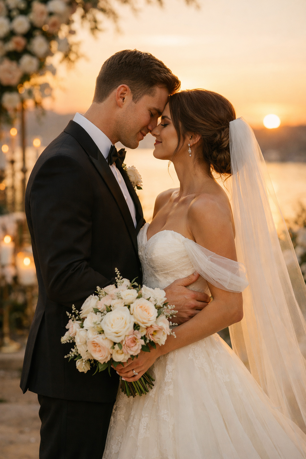 Couple in a romantic embrace during sunset, with soft lighting creating a silhouette effect.