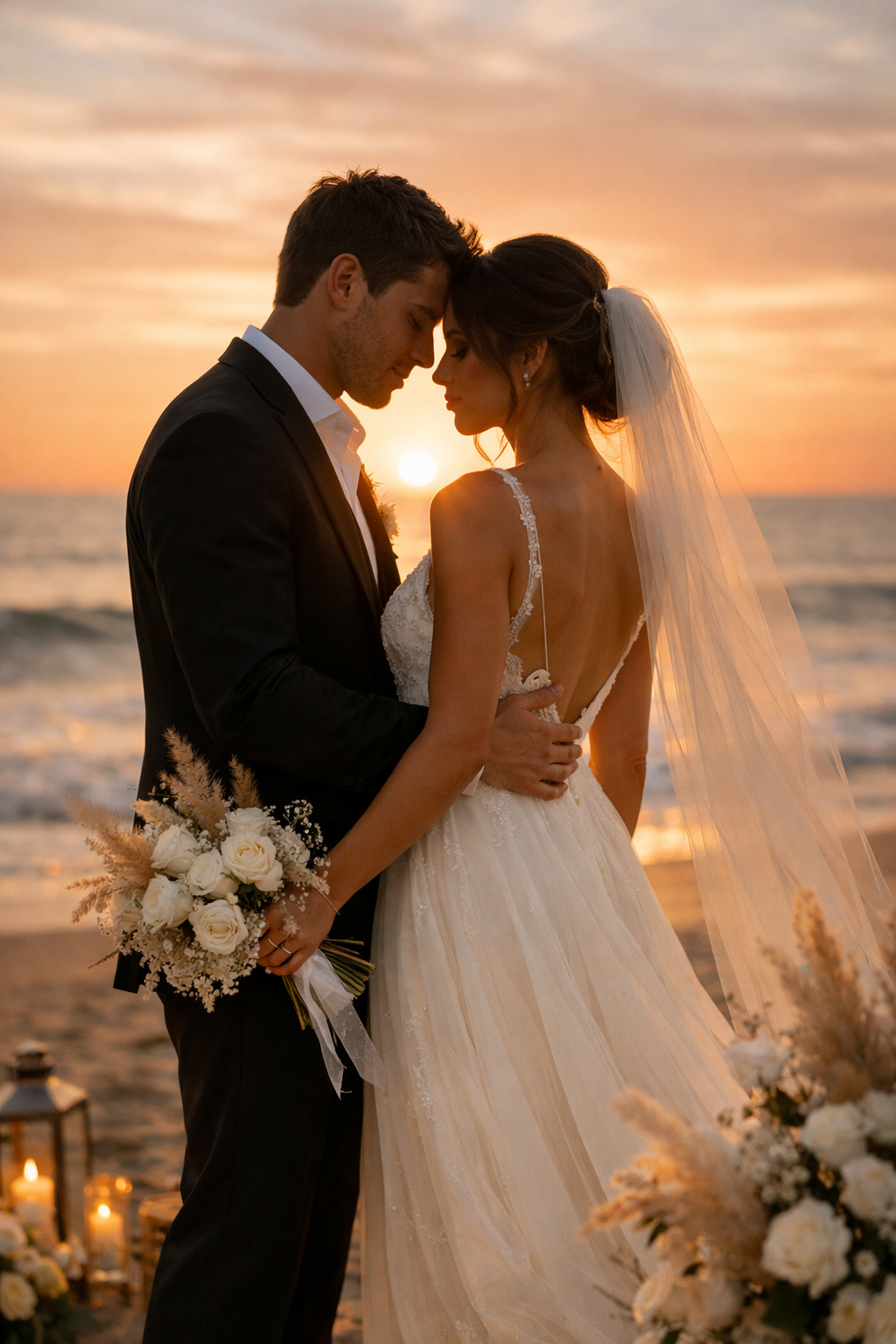 Engaged couple silhouetted against a sunset on the beach