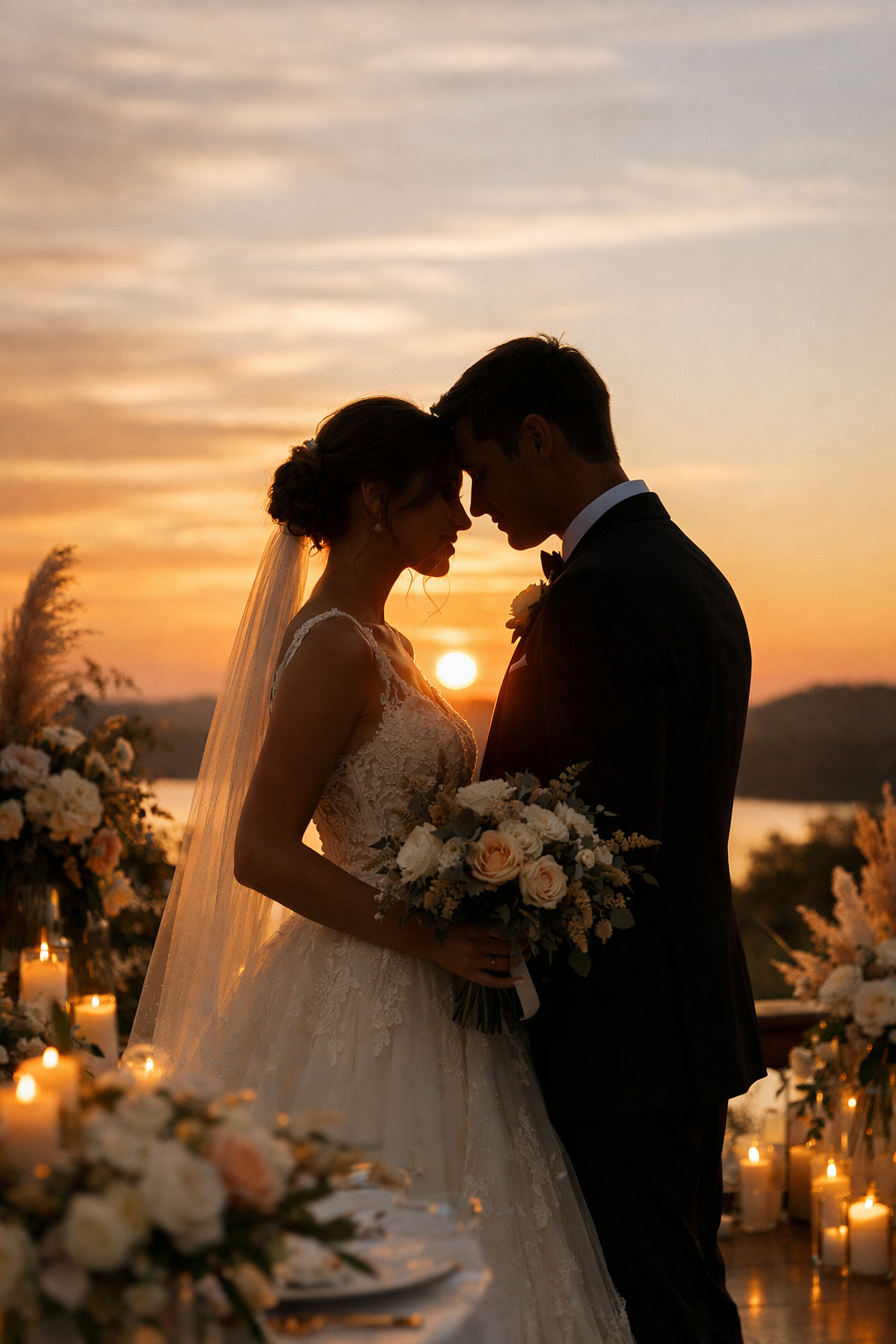 A couple silhouetted against a vibrant sunset, with floral arrangements and candles surrounding them.