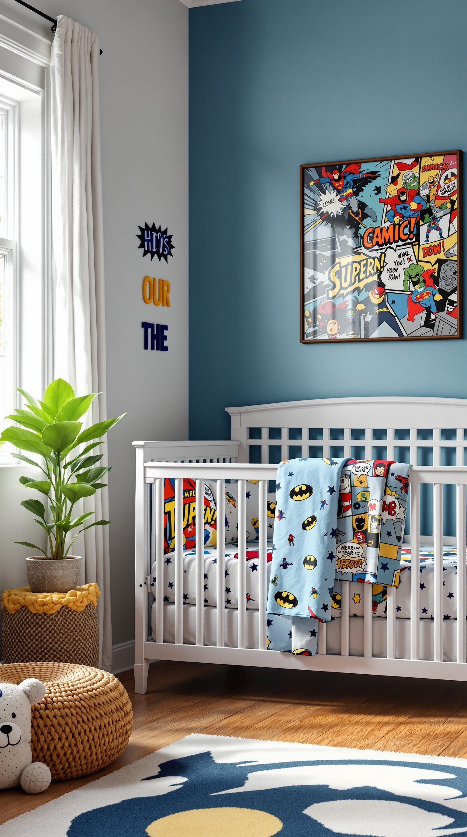 A superhero-themed nursery featuring a crib with colorful bedding, framed superhero artwork, and playful decor.