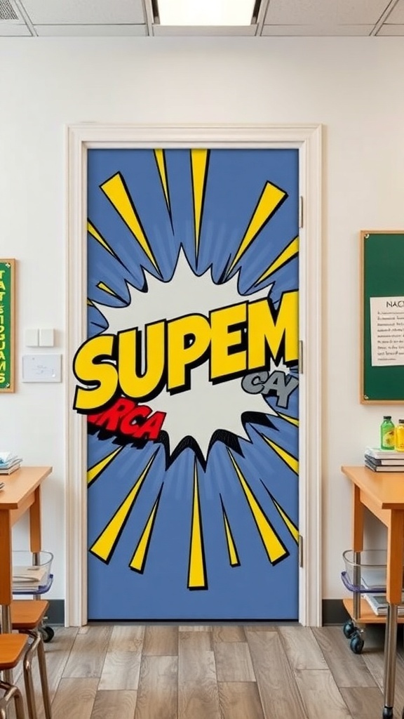 Classroom door decorated with superhero theme, featuring the word 'SUPERM' in bold comic style.