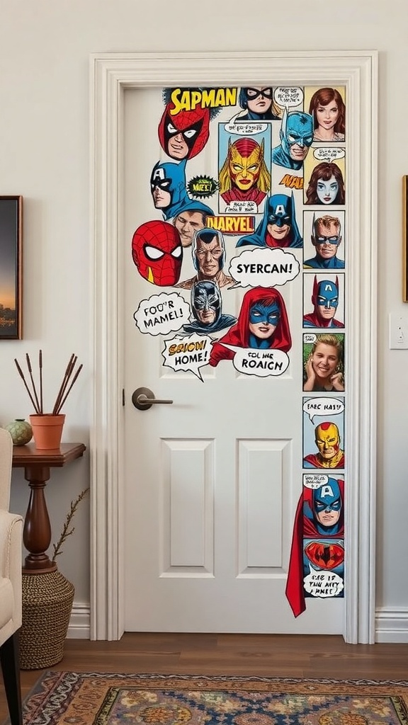 A classroom door decorated with superhero comic book characters and speech bubbles.
