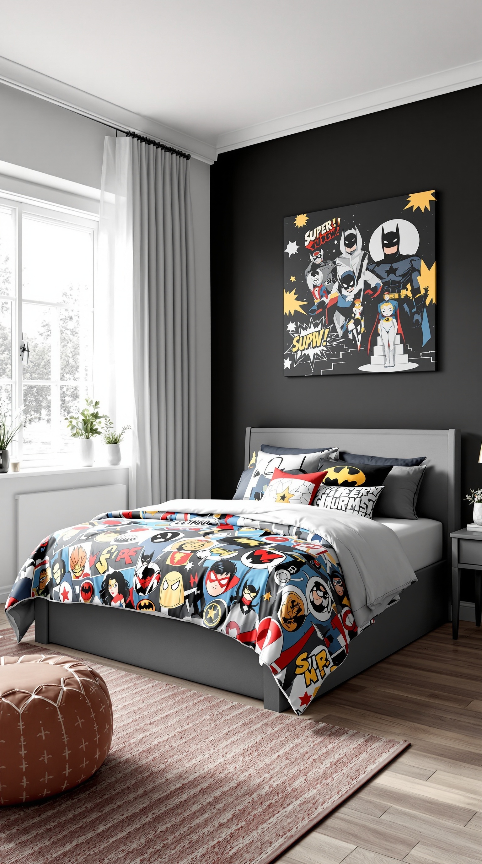 A cozy bedroom featuring a superhero-themed bed with colorful bedding and wall art.