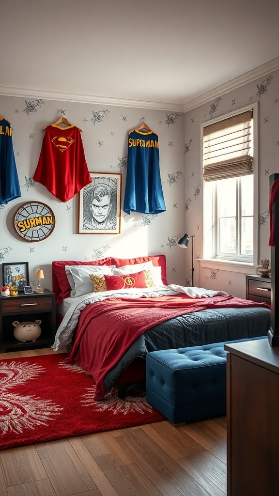A children's bedroom designed as a superhero hideout with capes on the wall, a cozy bed, and vibrant colors.