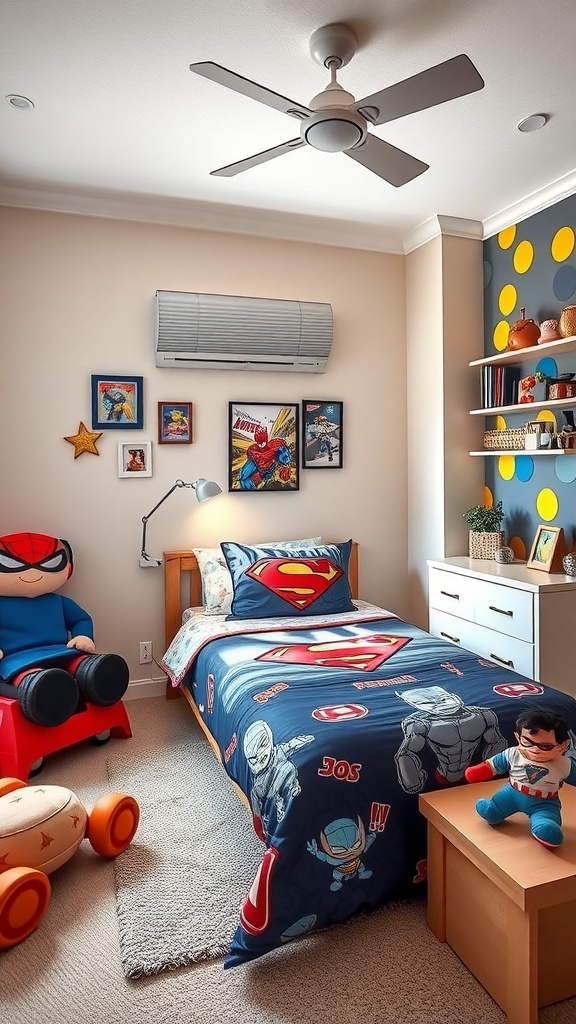 A boy's bedroom with superhero themed bedding and decor