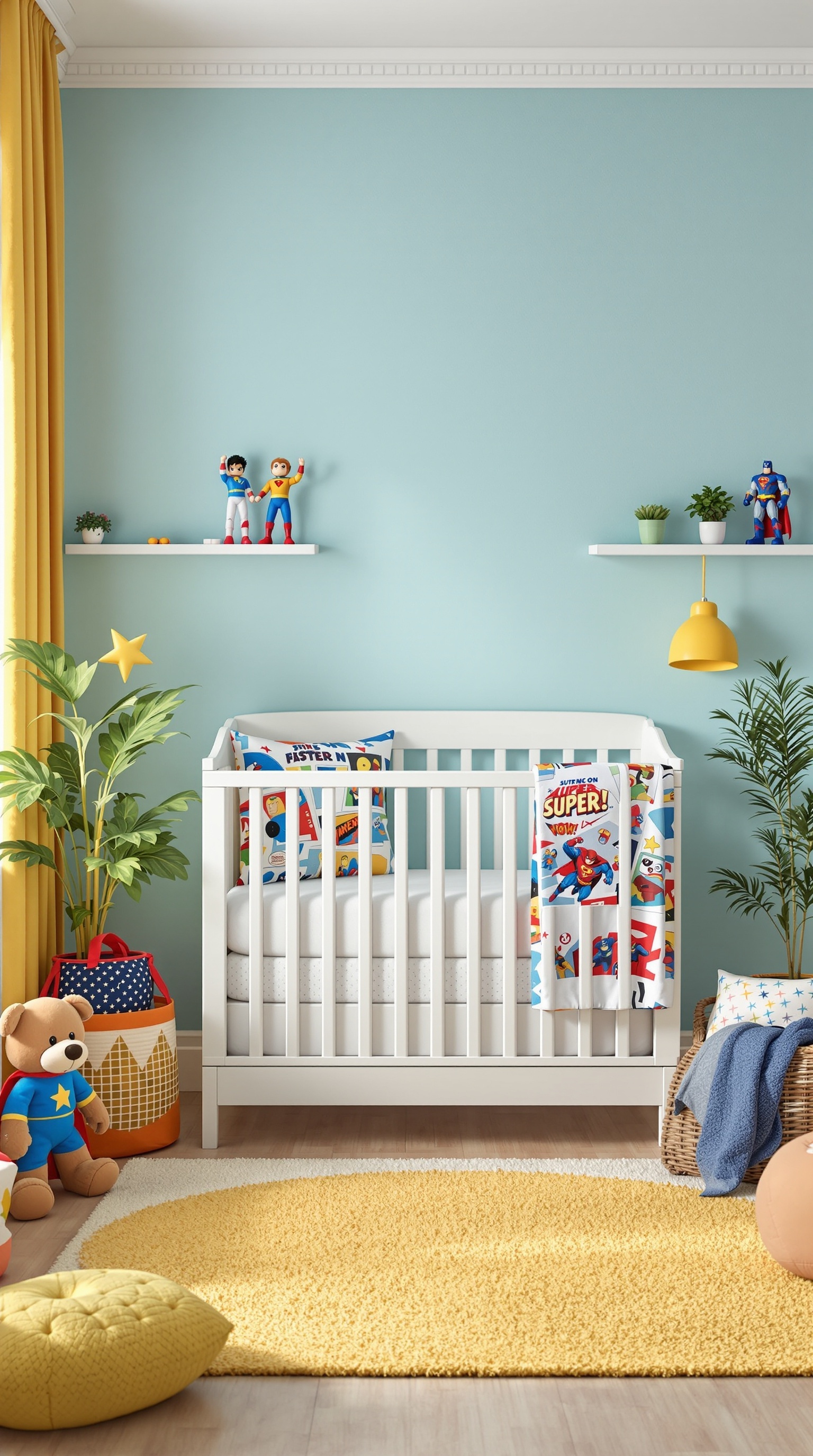 A superhero-themed nursery with a crib, colorful decorations, and plush toys.