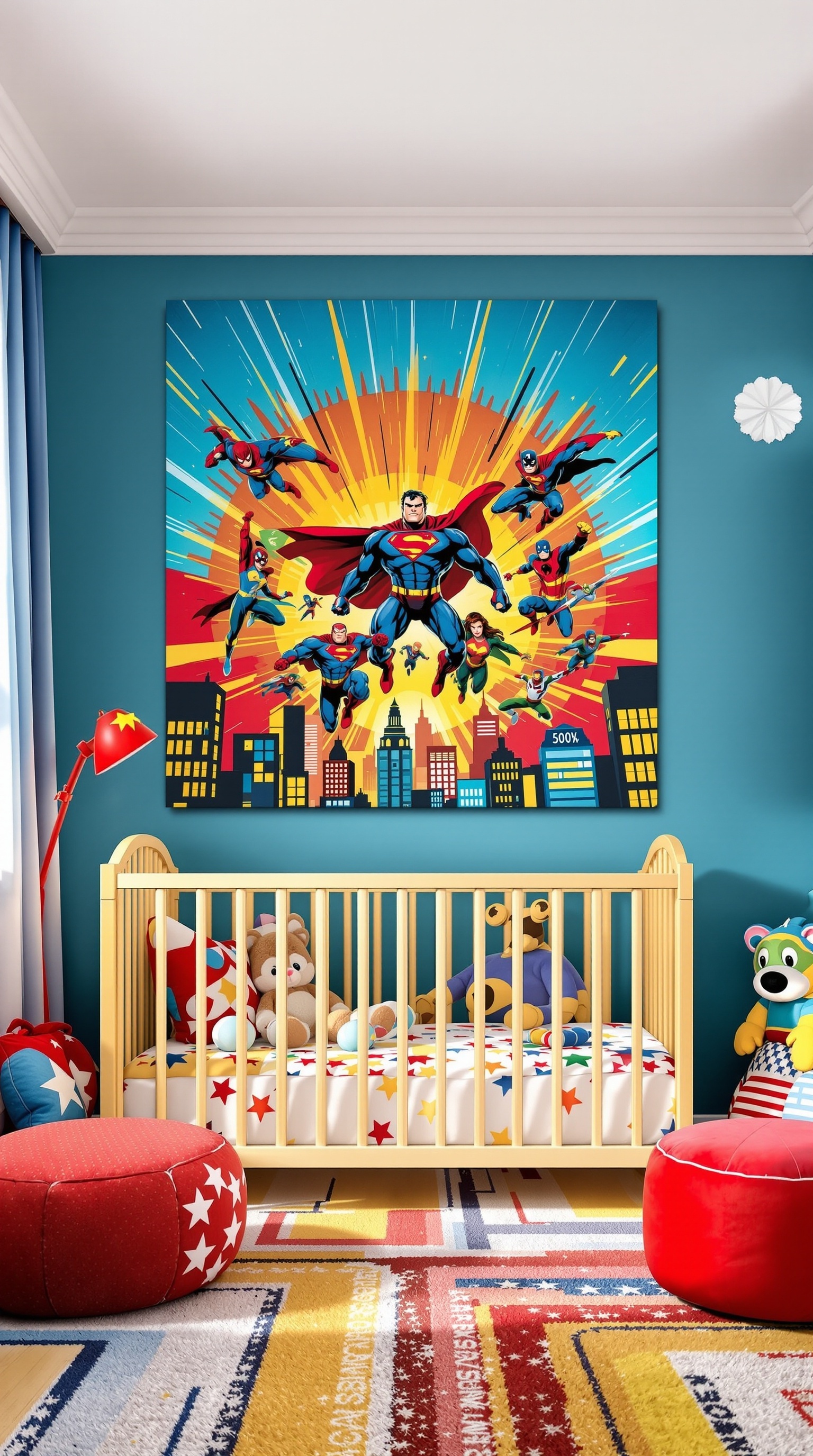 Colorful superhero wall art in a baby boy's room with a crib and playful decor.