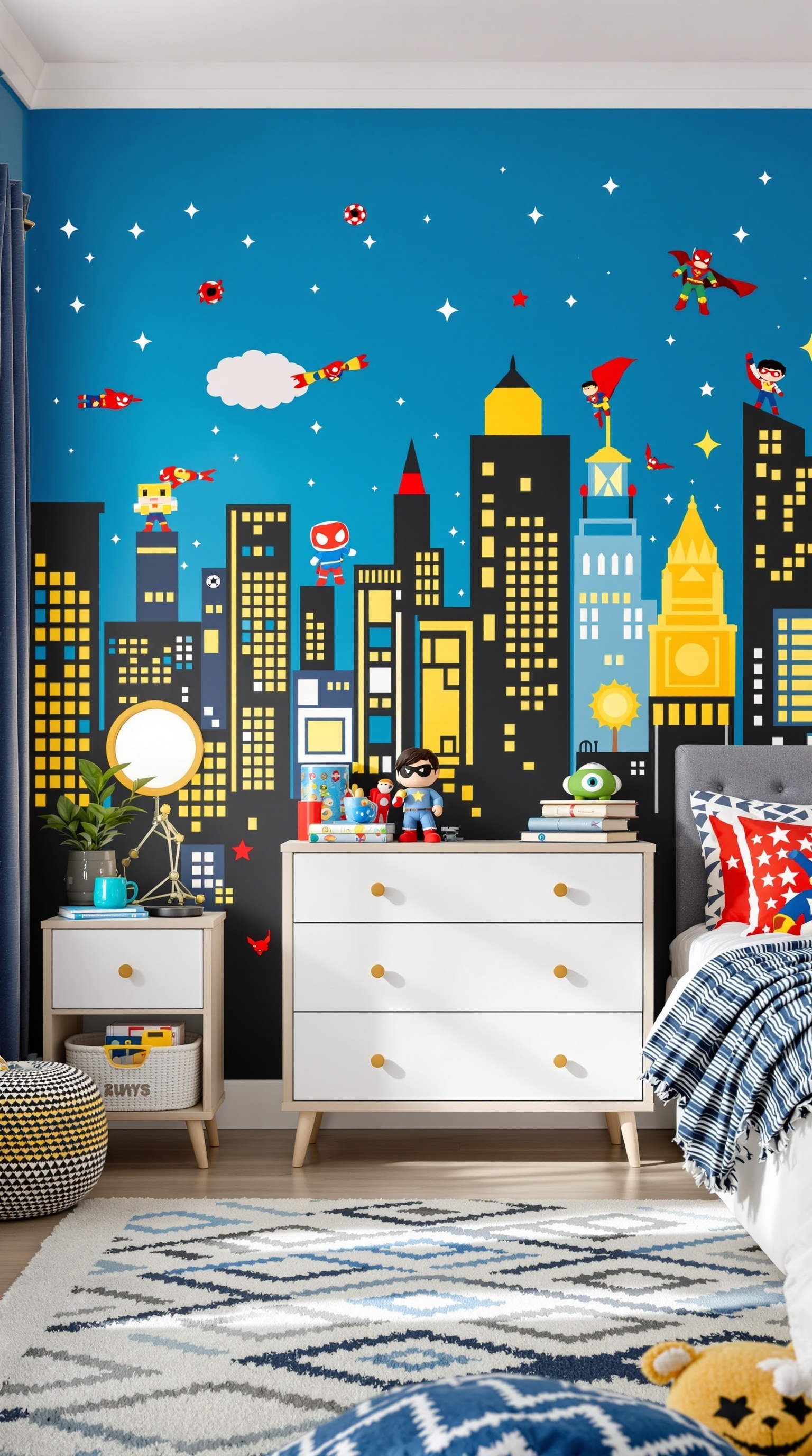 A colorful superhero wall mural in a boy's room featuring superheroes flying over a city skyline.
