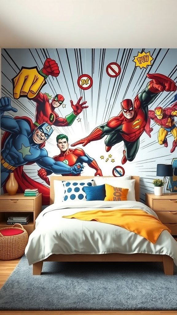 A boy's bedroom with a superhero wall mural featuring various superheroes in action.