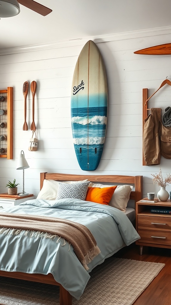 A retro surfboard mounted on a white wall in a cozy bedroom, surrounded by wooden furniture and beach-themed decor.
