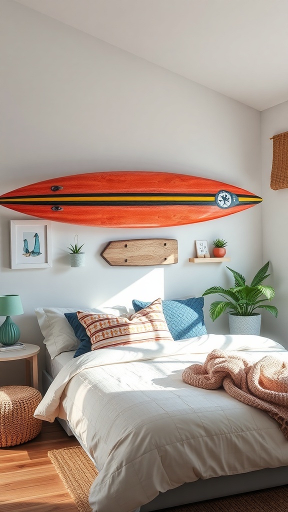 A coastal teen bedroom featuring a mounted orange surfboard on the wall, with a cozy bed and decorative pillows.
