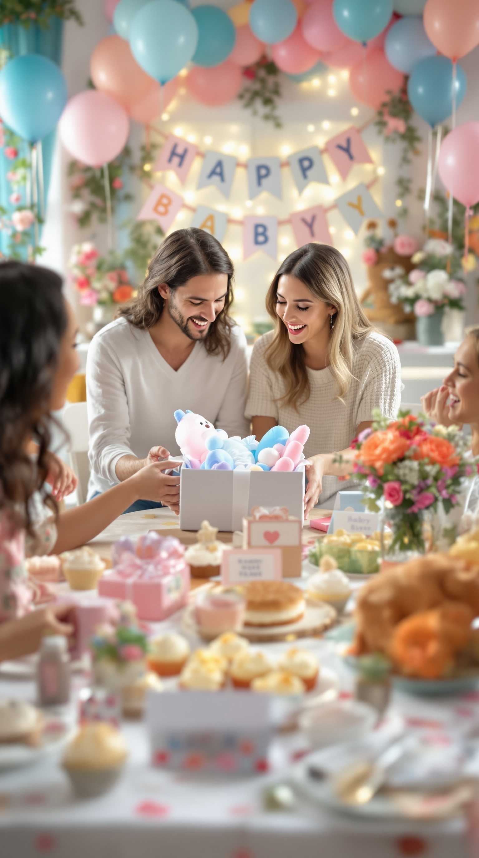 A joyful couple unwrapping a gift at a gender reveal party surrounded by friends and festive decorations.