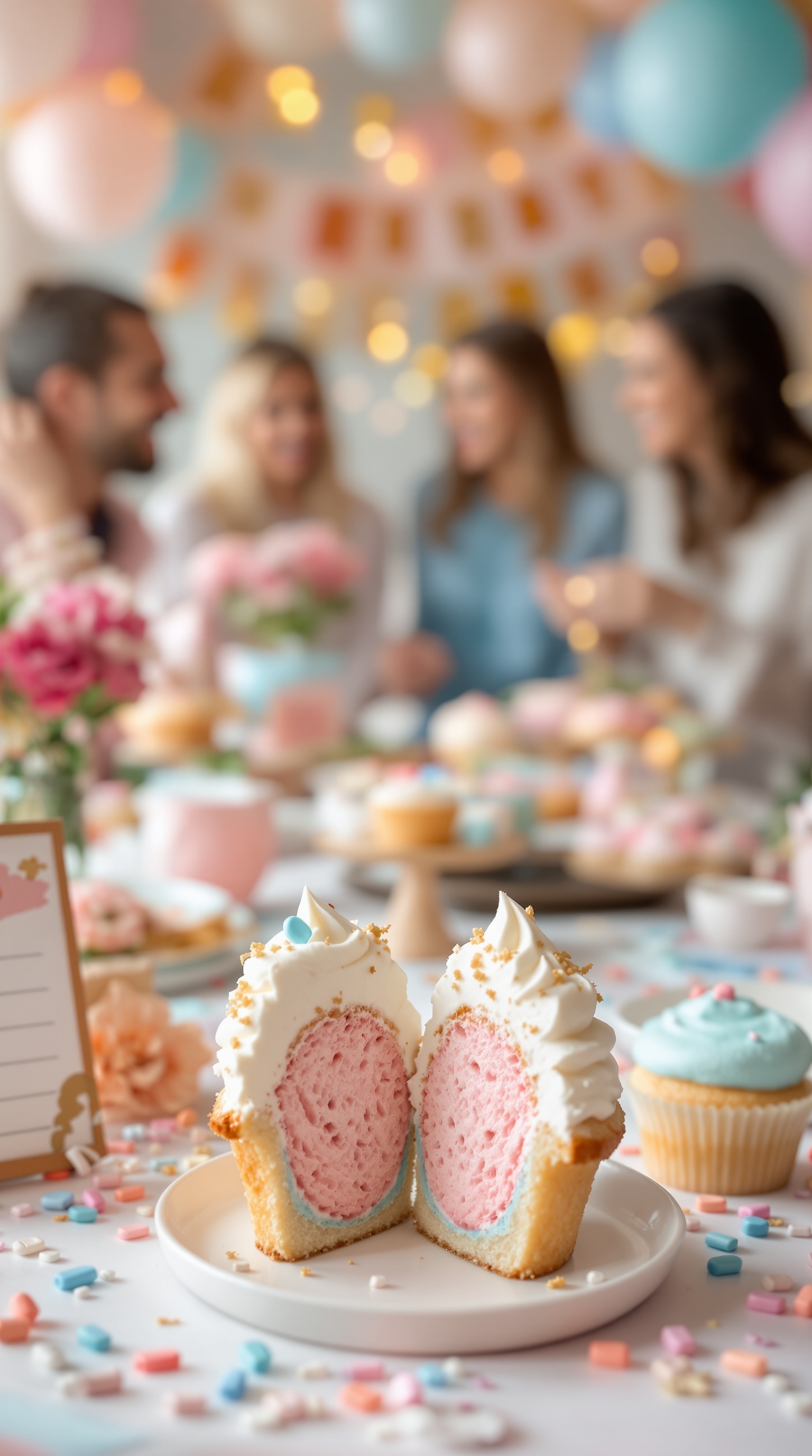 A beautifully decorated cupcake cut in half, revealing pink and blue layers inside, surrounded by a festive dessert table.