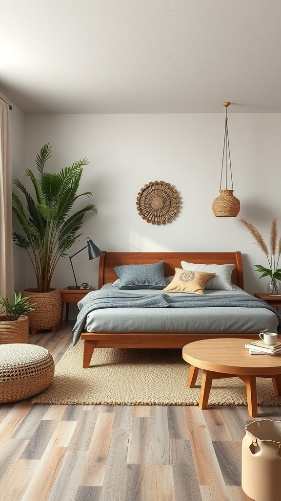 A cozy earthy bedroom featuring wooden furniture, plants, and natural textiles.