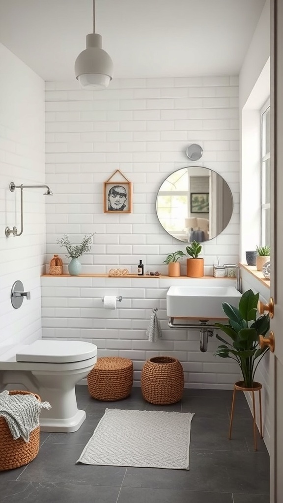 A modern half bathroom featuring natural materials, plants, and eco-friendly design elements.