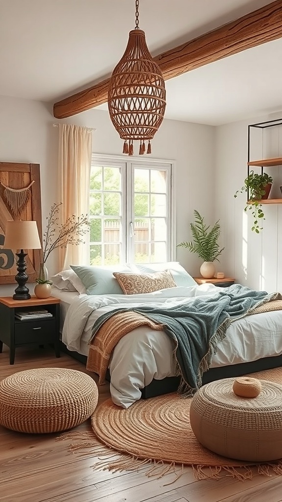 A romantic boho bedroom featuring natural materials, plants, and cozy textiles.