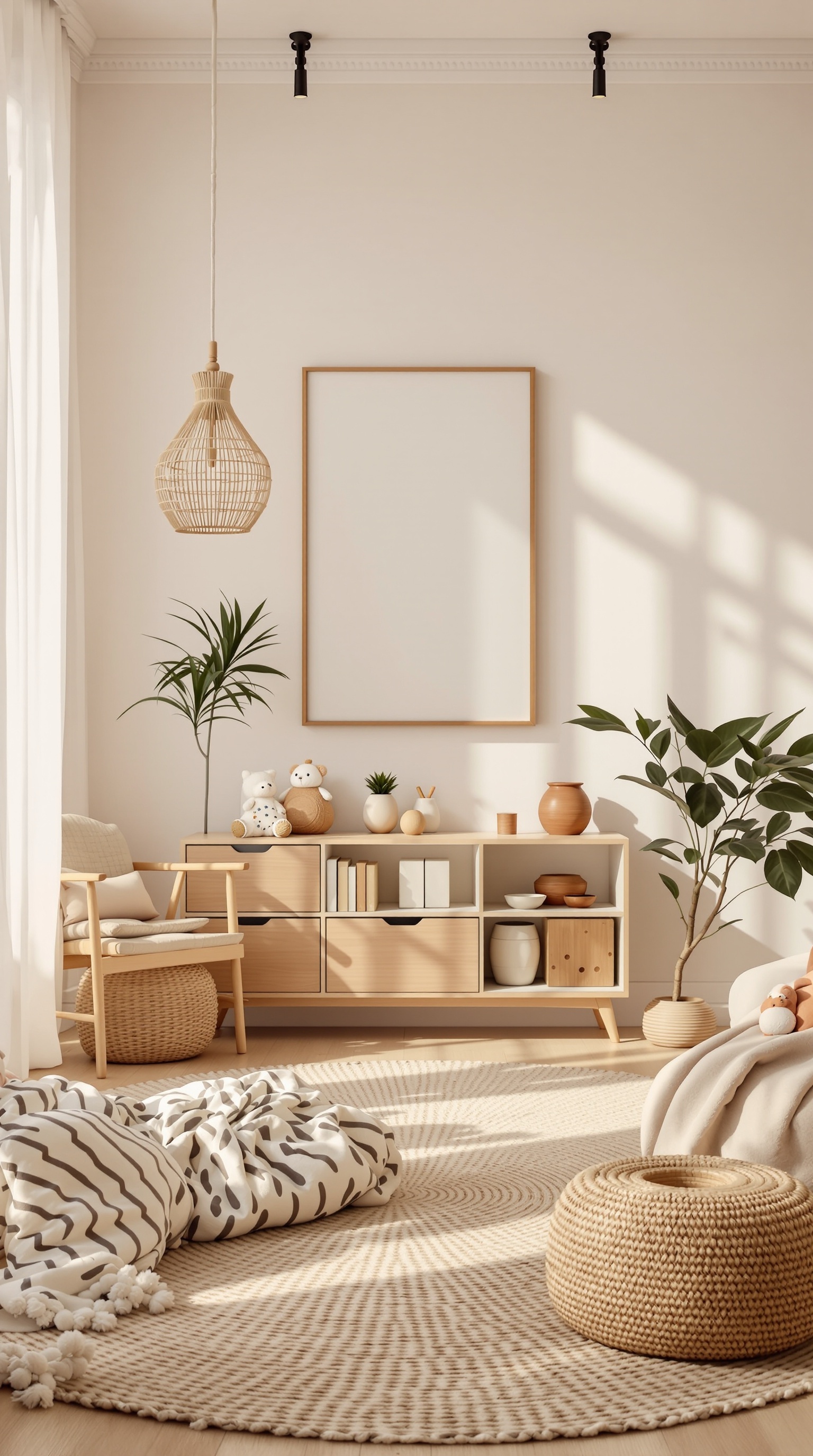 A beautifully designed Japandi kids room featuring natural materials, soft textures, and plants.