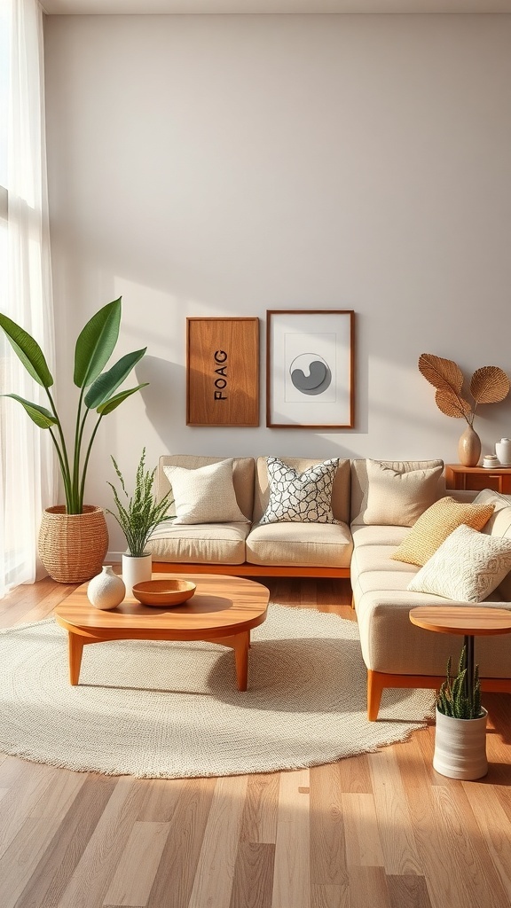 A cozy coastal living room with natural wood furniture, soft fabrics, and indoor plants.