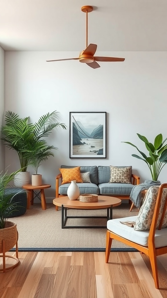 A cozy living room featuring sustainable materials, plants, and eco-friendly decor.