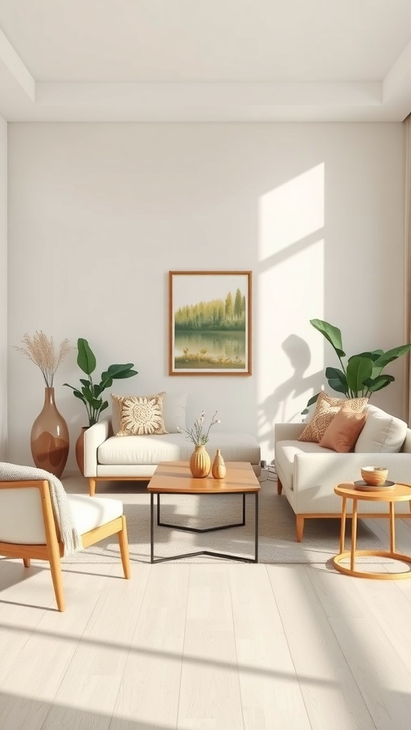 A cozy contemporary living room with light wood furniture, soft textiles, and plants, showcasing sustainable and eco-friendly materials.