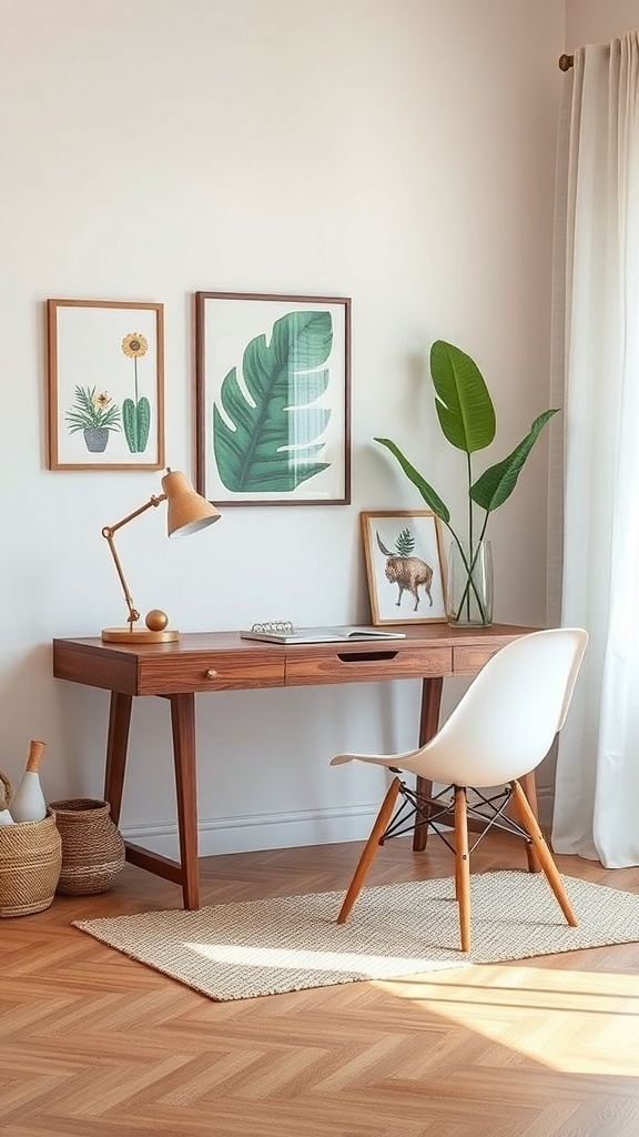 A small desk setup featuring a wooden desk, a white chair, and plants, with framed botanical prints on the wall.
