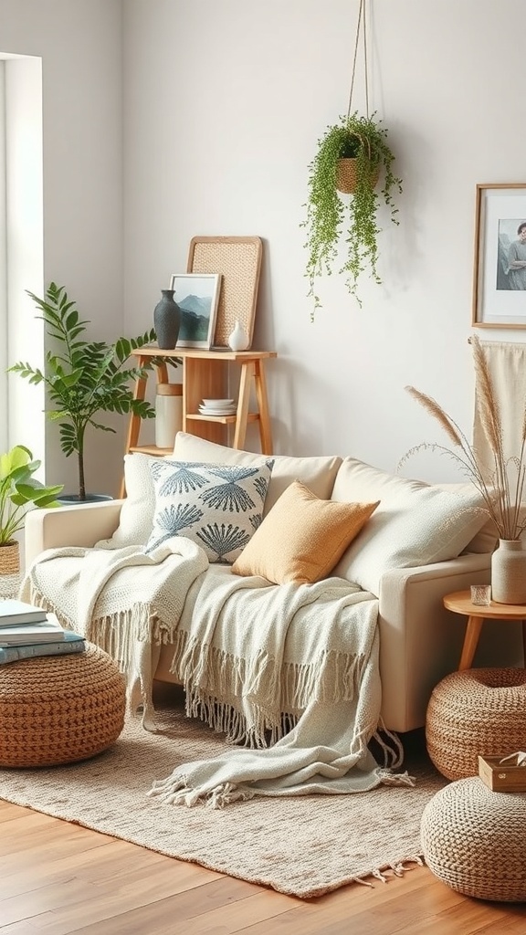 A cozy living room featuring soft blankets, plants, and natural decor.