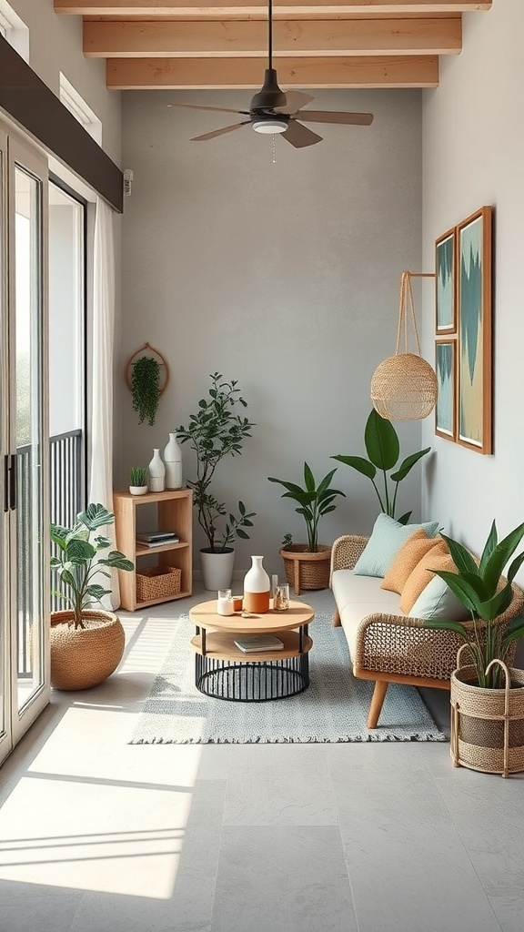 A cozy balcony with plants, natural materials, and a small table, promoting a sustainable design.