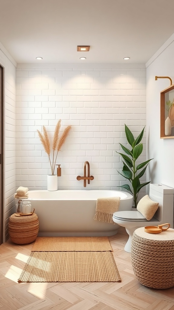 A modern, sustainable basement bathroom featuring natural materials and a calming color palette.