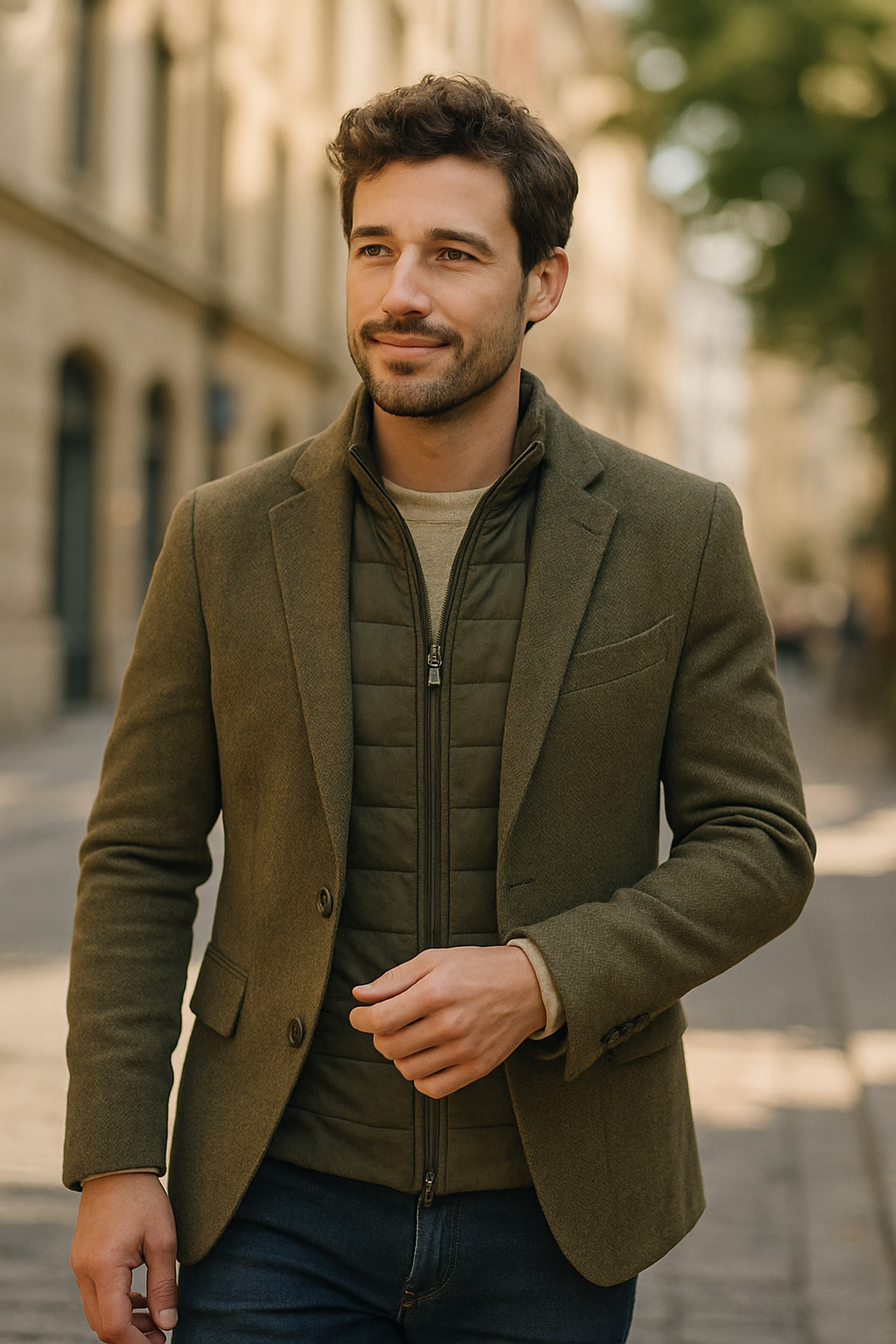 A man wearing a stylish business casual blazer with an inner layer, walking on a city street.