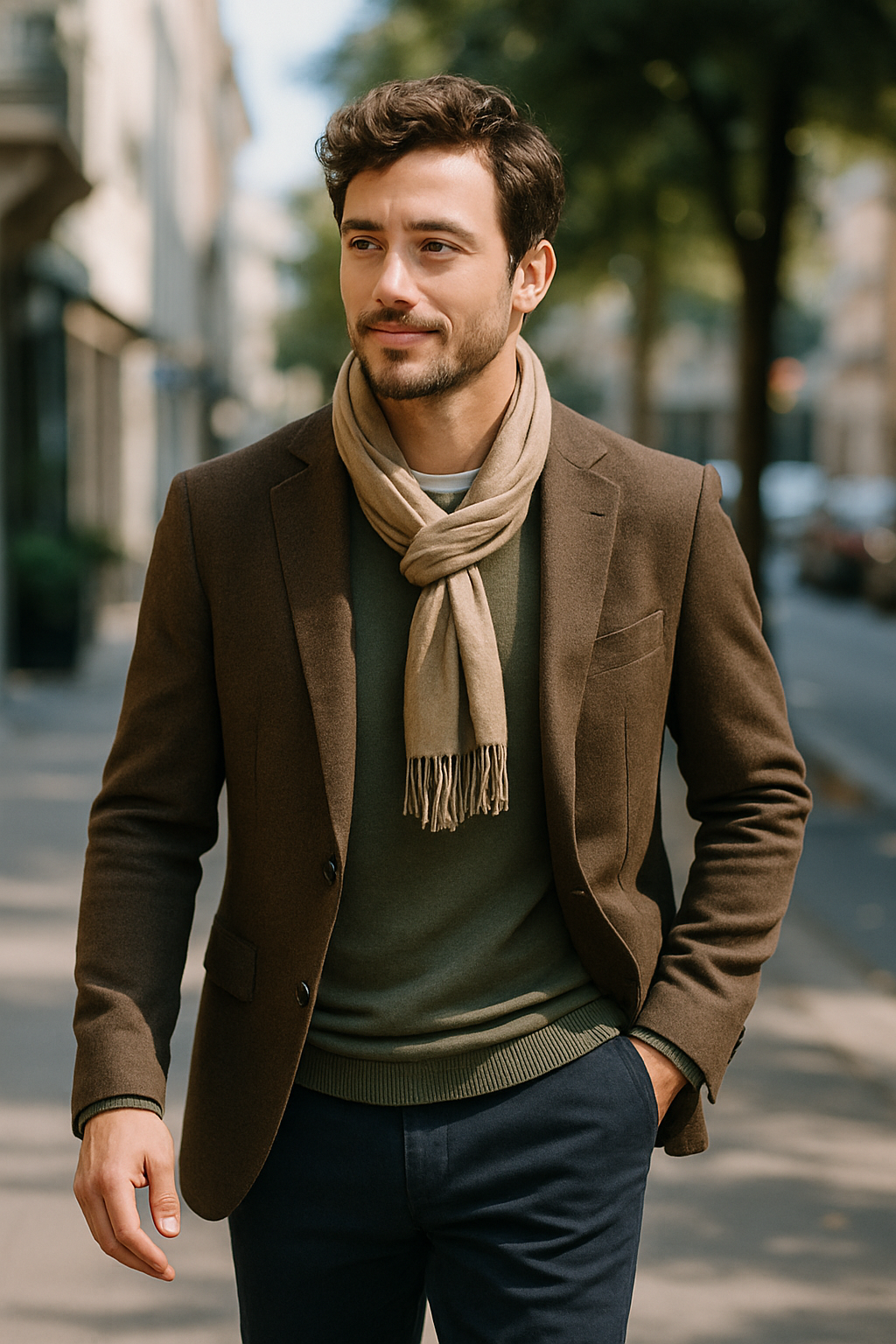 A man wearing a brown blazer and scarf, walking confidently on a city street.