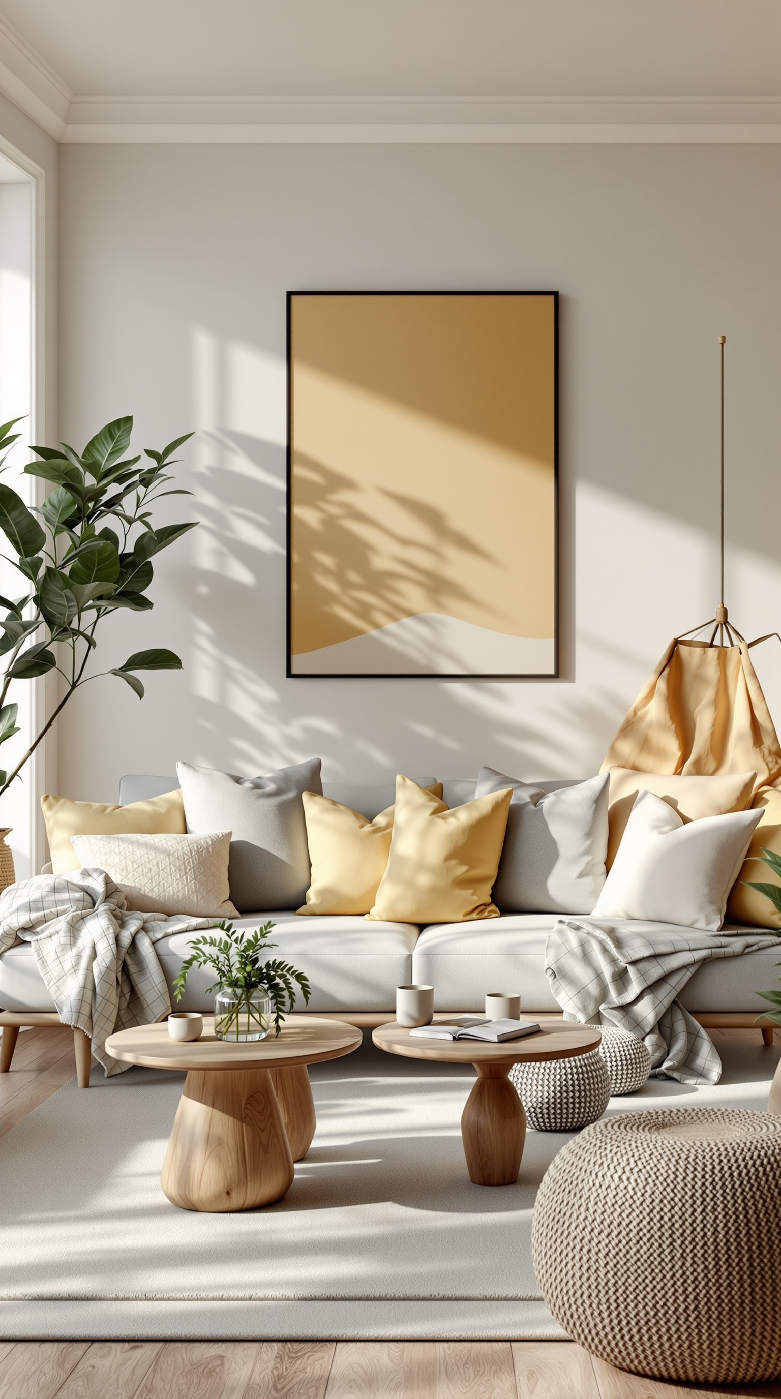 A cozy and sustainable family-friendly living room with light colors, natural materials, and plants.
