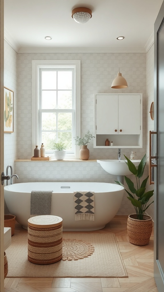 A beautifully remodeled bathroom showcasing eco-friendly design elements like a freestanding tub, natural materials, and plants.
