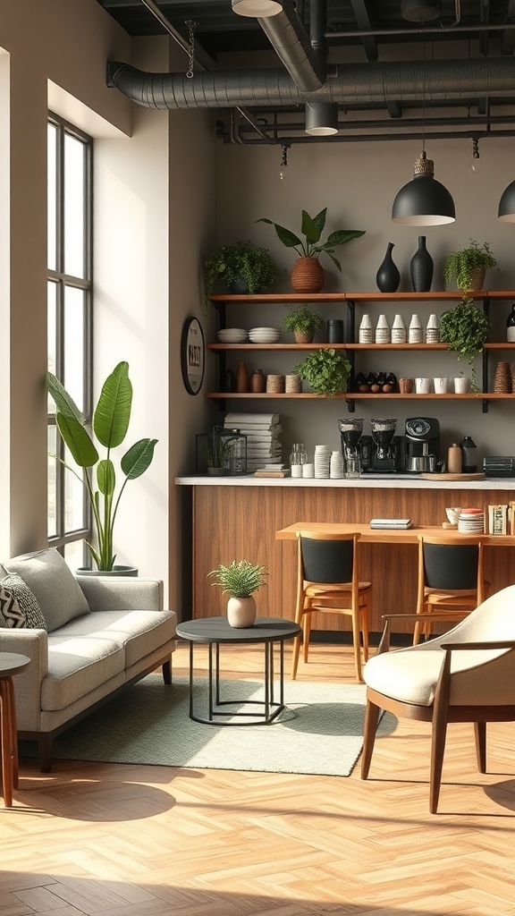 A cozy coffee bar with wooden shelves, plants, and natural light.