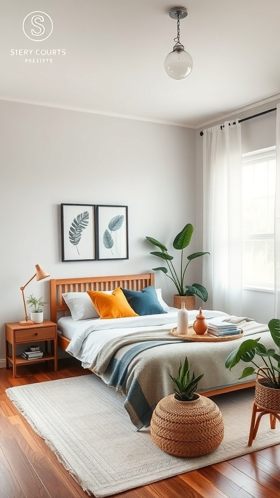 A cozy bedroom featuring a wooden bed, plants, and soft textiles, showcasing sustainable decor choices.
