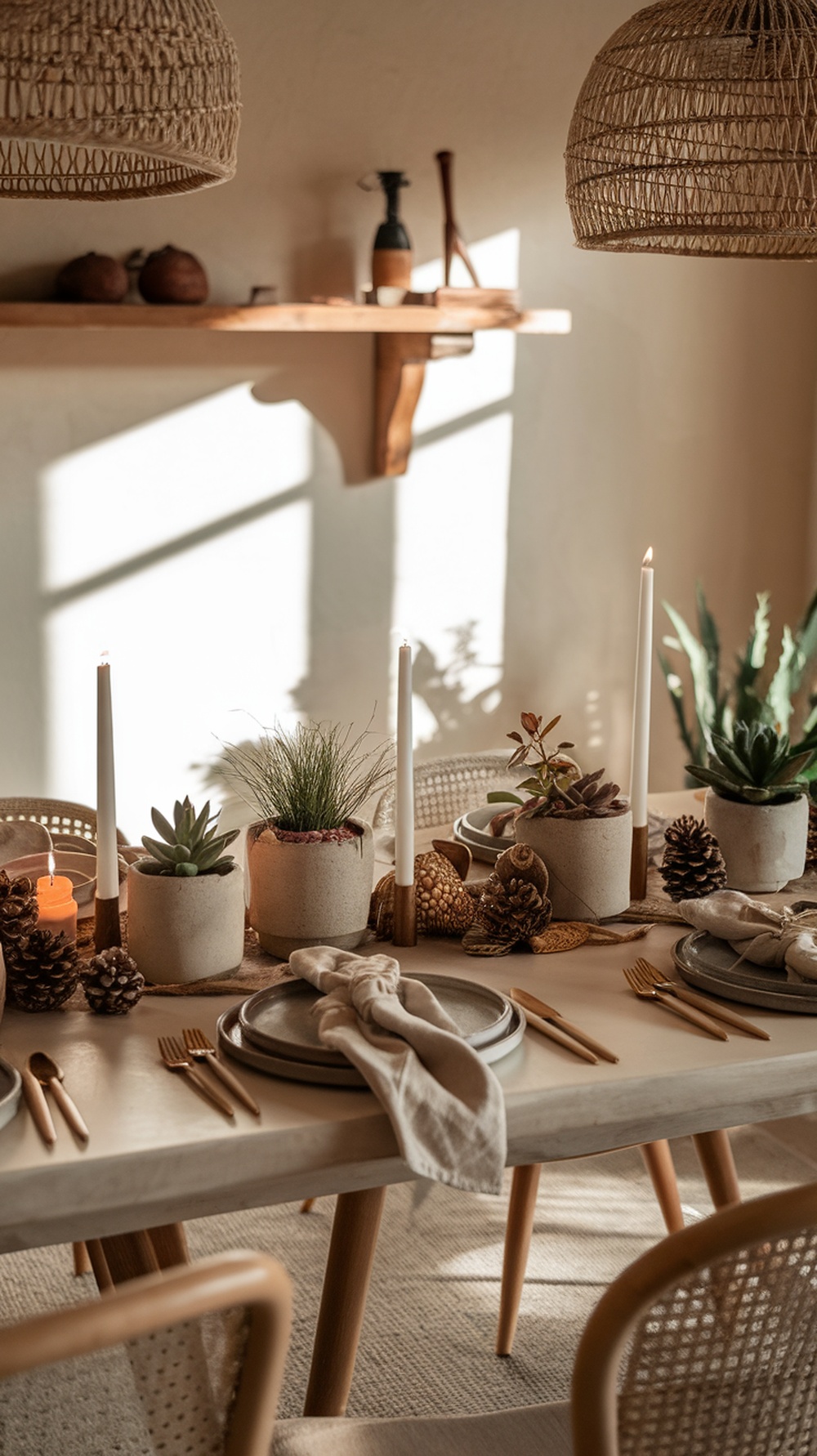 A boho Thanksgiving table setting with natural decor elements like plants, candles, and rustic tableware.