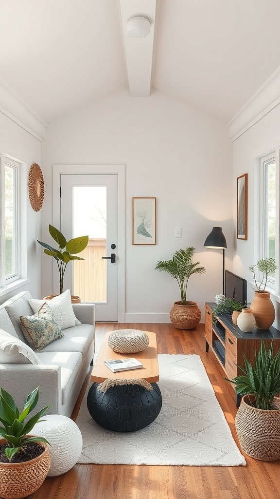 A cozy tiny house living room with plants, natural materials, and multi-functional furniture.