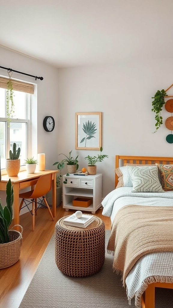 A cozy teen bedroom featuring a wooden bed, plants, and sustainable decor.