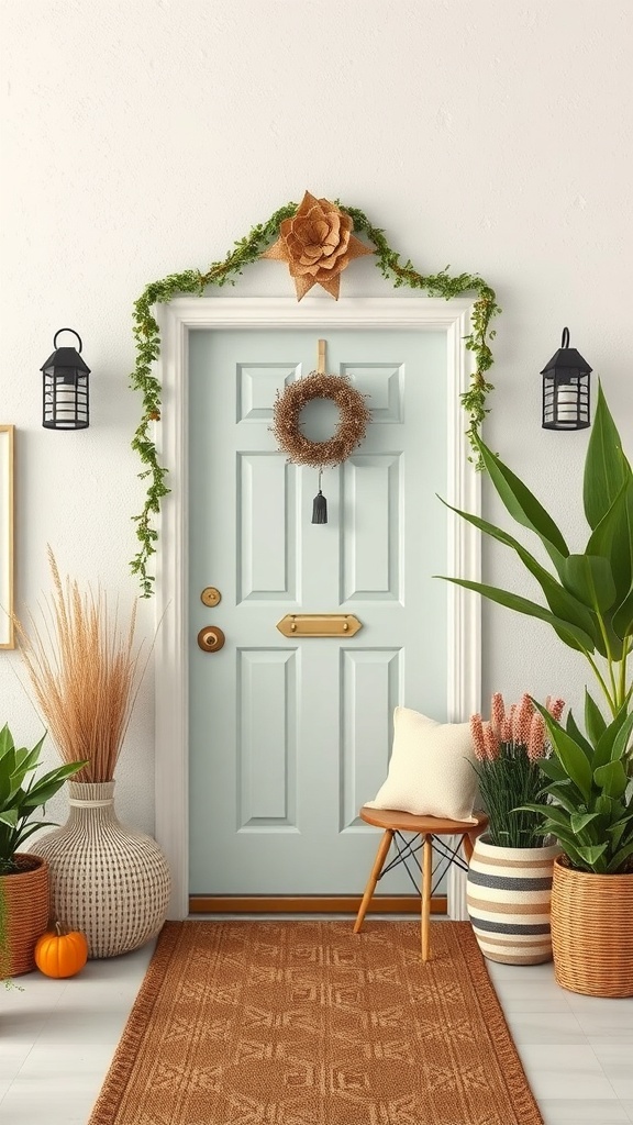 A front door decorated with a wreath, greenery, and potted plants, showcasing sustainable decor ideas.